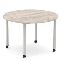 Impulse 1200mm Round Table Grey Oak Top Silver Box Frame Leg with Castors