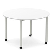 Impulse 1200mm Round Table White Top Silver Box Frame Leg with Castors