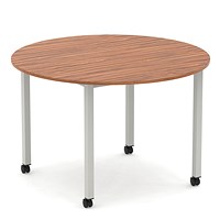 Impulse 1200mm Round Table Walnut Top Silver Box Frame Leg with Castors