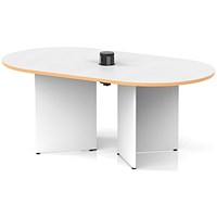 Impulse Volta 1800mm Boardroom Table With Black Pop-up Power Module White Top With Natural Wood Edge Arrowhead Leg