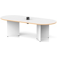 Impulse Volta 2400mm Boardroom Table With Black Pop-up Power Module White Top With Natural Wood Edge Arrowhead Leg