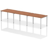 Impulse 3 Person Bench Desk, Side by Side, 3 x 1200mm (800mm Deep), Silver Frame, Walnut