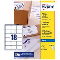 Avery Inkjet Address Label 63.5x46.6mm 18 Per A4 Sheet White (Pack 450 Labels) J8161-25