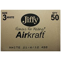 Jiffy Airkraft No.3 Bubble Lined Postal Bags, 220x320mm Peel & Seal, White, Pack of 100