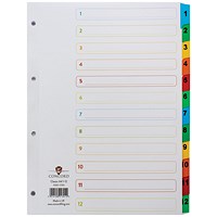 Concord Reinforced Board Index Dividers, 1-12, Multicolour Tabs, A4, White