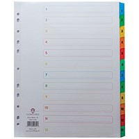 Concord Reinforced Board Index Dividers, Extra Wide, 1-12, Multicolour Tabs, A4, White