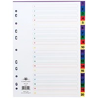 Concord Plastic Index Dividers, 1-20, Multicolour Tabs, A4, White