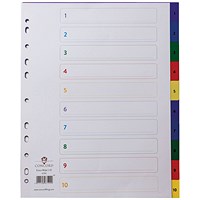 Concord Plastic Index Dividers, Extra Wide, 1-10, Multicolour Tabs, A4, White