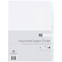 Concord Reinforced Board Unpunched Subject Dividers, 10-Part, Blank Tabs, A4, White (Pack of 10)