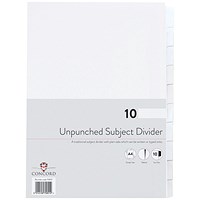 Concord Reinforced Board Unpunched Subject Dividers, 10-Part, Blank Tabs, A4, White, Pack of 10