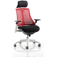 Flex Task White Frame & Black Seat Operator Chair, Headrest, Height Adjustable Arms, Red Back