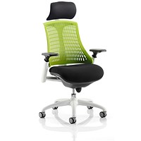 Flex Task White Frame & Black Seat Operator Chair, Headrest, Height Adjustable Arms, Green Back