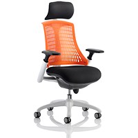 Flex Task White Frame & Black Seat Operator Chair, Headrest, Height Adjustable Arms, Orange Back