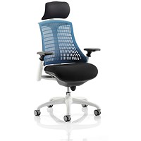 Flex Task White Frame & Black Seat Operator Chair, Headrest, Height Adjustable Arms, Blue Back