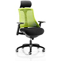 Flex Task Black Frame & Seat Operator Chair, Headrest, Height Adjustable Arms, Green Back
