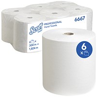 Scott Ultra 1-Ply Hand Towel Roll, 304m, White, Pack of 6