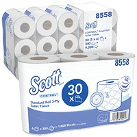 Scott Control Toilet Tissue Standard Roll, 3-Ply, 300 Sheets Per Roll, White, Pack of 30