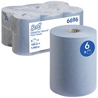 Scott Essentials 1-Ply Slimroll Hand Towel Roll, 190m, Blue, Pack of 6