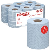 WypAll L10 Food and Hygiene Centrefeed Paper Rolls, 1 Ply, Blue, Pack of 6