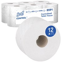 Scott Control Toilet Tissue Centrefeed Roll 2-Ply 833 Sheets (Pack of 12) 8591