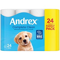 Andrex Complete Clean Toilet Roll, 2-Ply, 190 Sheets Per Roll, Pack of 24