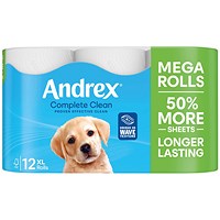 Andrex Complete Clean Mega Toilet Roll, 2-Ply, 290 Sheets Per Roll, Pack of 12