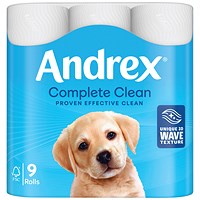 Andrex Complete Clean Toilet Roll, 2-Ply, 190 Sheets Per Roll, Pack of 9