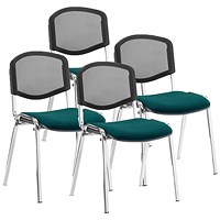ISO Chrome Frame Mesh Back Stacking Chair, Maringa Teal Fabric Seat, Pack of 4