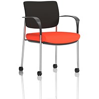 Brunswick Deluxe Visitors Chair, Chrome Frame, Black Back, Arms and Castors, Tabasco Orange