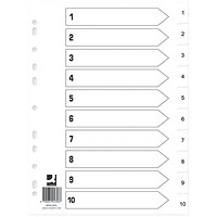 Q-Connect Plastic Index Dividers, 1-10, Clear Tabs, A4, White (Pack of 25)