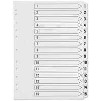 Q-Connect Plastic Index Dividers, 1-15, Clear Tabs, A4, White