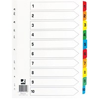 Q-Connect Reinforced Board Index Dividers, 1-10, Multicolour Tabs, A4, White