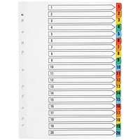 Q-Connect Reinforced Board Index Dividers, 1-20, Multicolour Tabs, A4, White