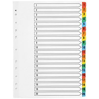 Q-Connect Reinforced Board Index Dividers, 1-20, Multicolour Tabs, A4, White Q-Connect Reinforced Board Index Dividers, 1-20, Multicolour Tabs, A4, White
