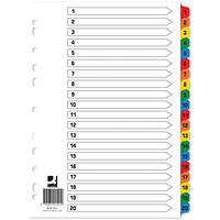 Q-Connect Reinforced Board Index Dividers, 1-20, Multicolour Tabs, A4, White, Pack of 10 Q-Connect Reinforced Board Index Dividers, 1-20, Multicolour Tabs, A4, White, Pack of 10