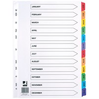Q-Connect Reinforced Board Index Dividers, Jan-Dec, Multicolour Tabs, A4, White
