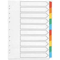 Q-Connect Reinforced Board Subject Dividers, 10-Part, Blank Multicolour Tabs, A4, White