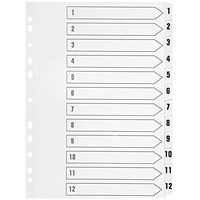 Q-Connect Index Dividers, 1-12, Clear Tabs, A4, White