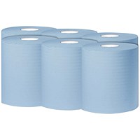 2Work 1-Ply Centrefeed Roll, 300m, Blue, Pack of 6