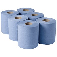 2Work 2-Ply Centrefeed Roll, 150m, Blue, Pack of 6