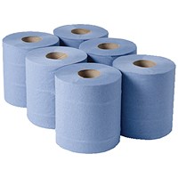 2Work 2-Ply Centrefeed Roll 150m, Blue, Pack of 6