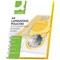 Q-Connect A4 Laminating Pouches, Self-Adhesive Back, 160 Microns, Glossy, Pack of 100