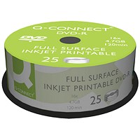 Q-Connect DVD-R Inkjet-Printable Writable Blank DVDs, Spindle, 4.7gb/120min Capacity, Pack of 25