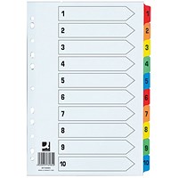 Q-Connect Reinforced Board Index Dividers, Extra Wide, 1-10, Multicolour Tabs, A4, White