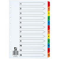 Q-Connect Reinforced Board Index Dividers, Extra Wide, 1-12, Multicolour Tabs, A4, White