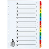 Q-Connect Reinforced Board Index Dividers, Extra Wide, 1-12, Multicolour Tabs, A4, White Q-Connect Reinforced Board Index Dividers, Extra Wide, 1-12, Multicolour Tabs, A4, White