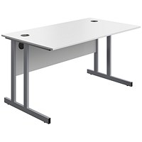 Serrion 1400mm Rectangular Desk, Silver Double Cantilever Legs, White