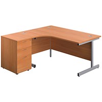 First 1600mm Corner Desk, Left Hand, Silver Cantilever Legs, Beech, With 3 Drawer Desk High Pedestal