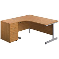 First 1600mm Corner Desk, Left Hand, Silver Cantilever Legs, Oak, With 3 Drawer Desk High Pedestal