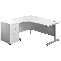 First 1600mm Corner Desk, Left Hand, Silver Cantilever Legs, White, With 3 Drawer Desk High Pedestal